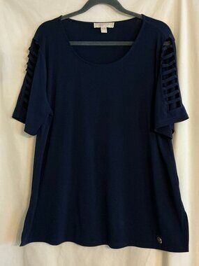 MICHAEL KORS Navy Blue Round Neck Short Laced Sleeve Liquid Knit Top 1X